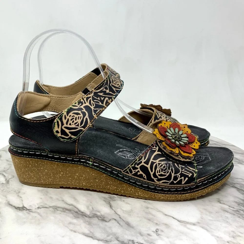 L'Artiste By Spring Step Cuteness Rosette Leather Wedge Comfort Sandals 40/9 - Picture 2 of 16
